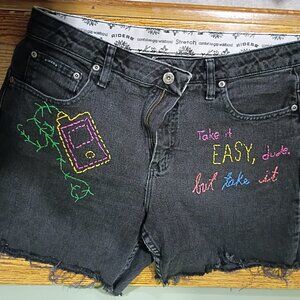 Take It Easy Dude Embroidered Cutoff Shorts